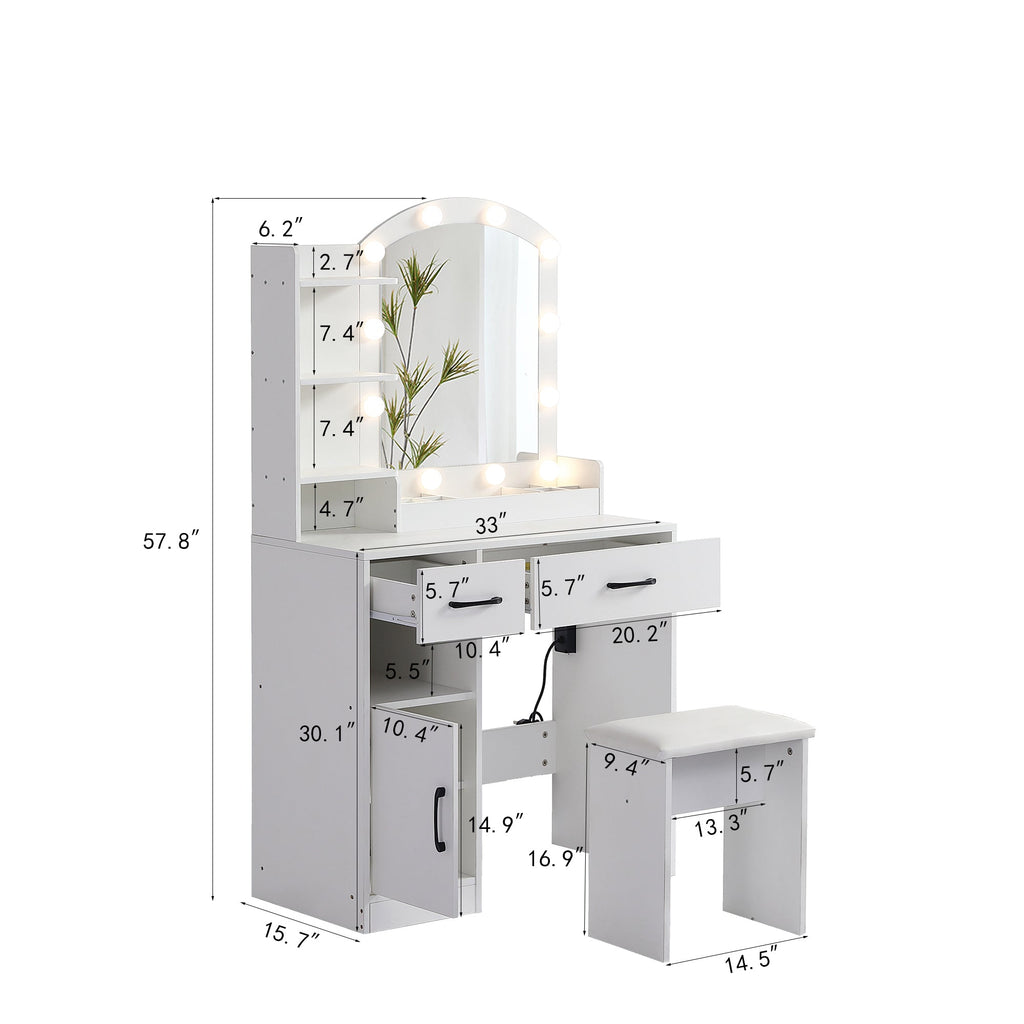 Vanity desk set including table with large lighted mirror 3 color lighting modes adjustable brightness white color