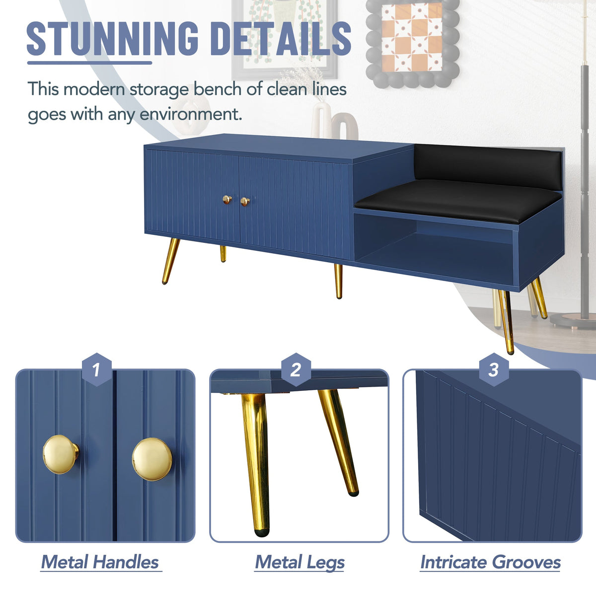 Modern Shoe Storage Bench with Hidden Storage and Upholstered Cushions for Bedside, Living Room and Entryway (Navy)