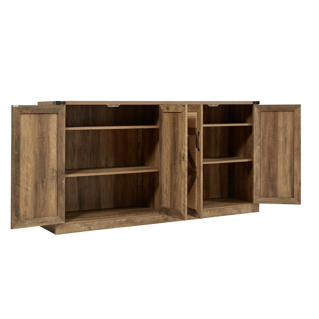 65-Inch Rustic Oak Color Faux Rattan Sideboard, Barn Door Rustic Style Sideboard, Living Room, Entryway, Bedroom