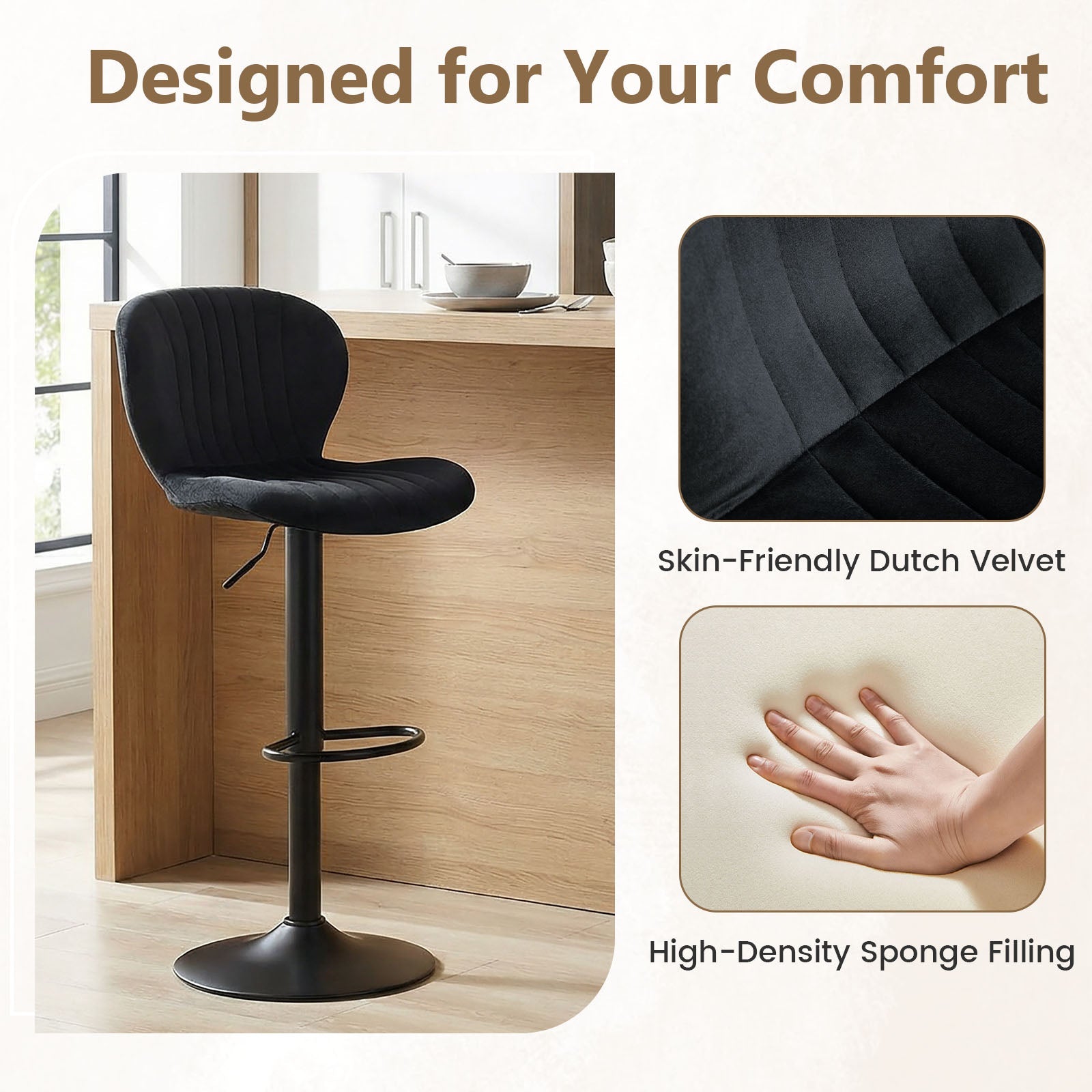 Adjustable Counter Height Chairs Set of 4 with Velvet Upholstered Backrests