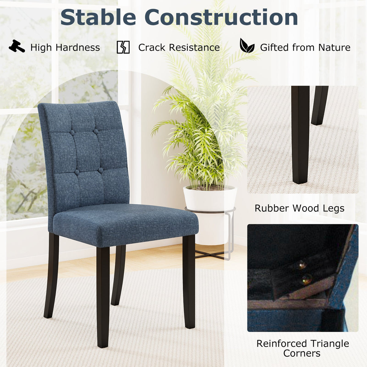 Set of 2 Tufted Dining Chairs Armless with Rubber Wood Legs-Dark Blue