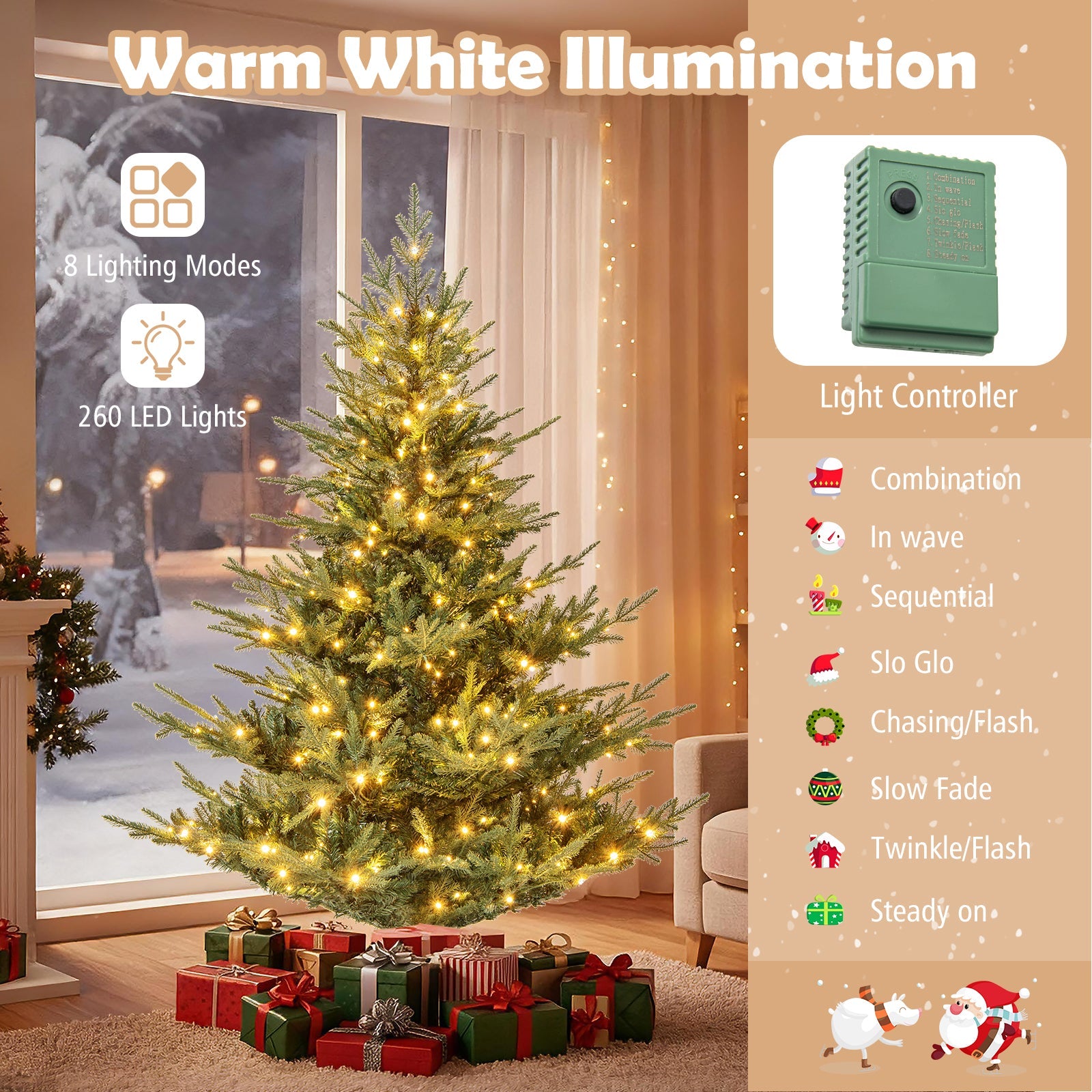 Artificial Christmas Tree with Branch Tips and Warm White LED Lights