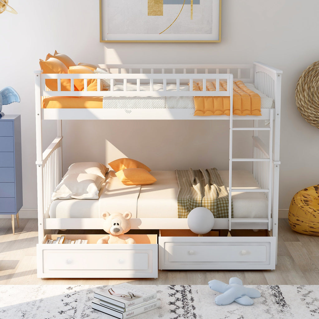 Full over Full Bunk Bed with Drawers  Convertible Beds  White
