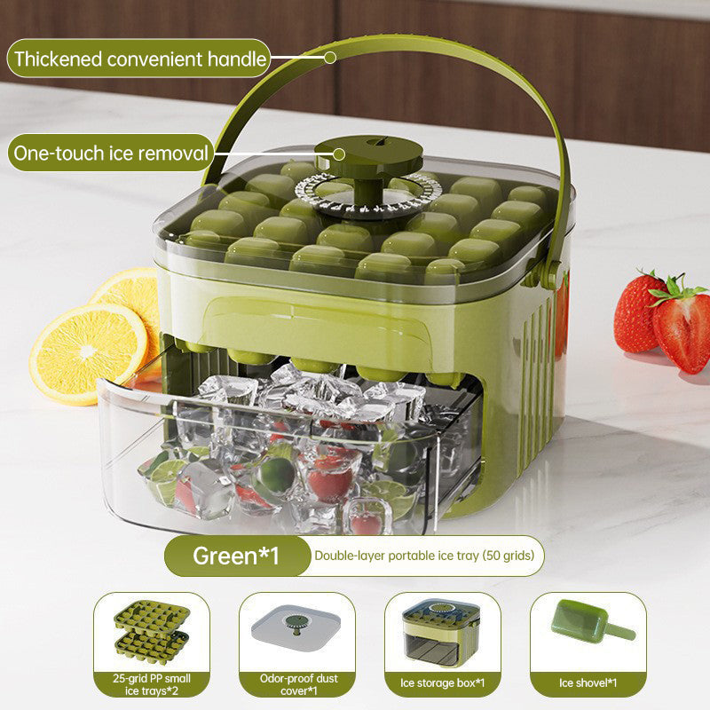 50-grid ice maker with new large capacity - household food-grade plastic double-layer ice storage barrel & ice ball mold set