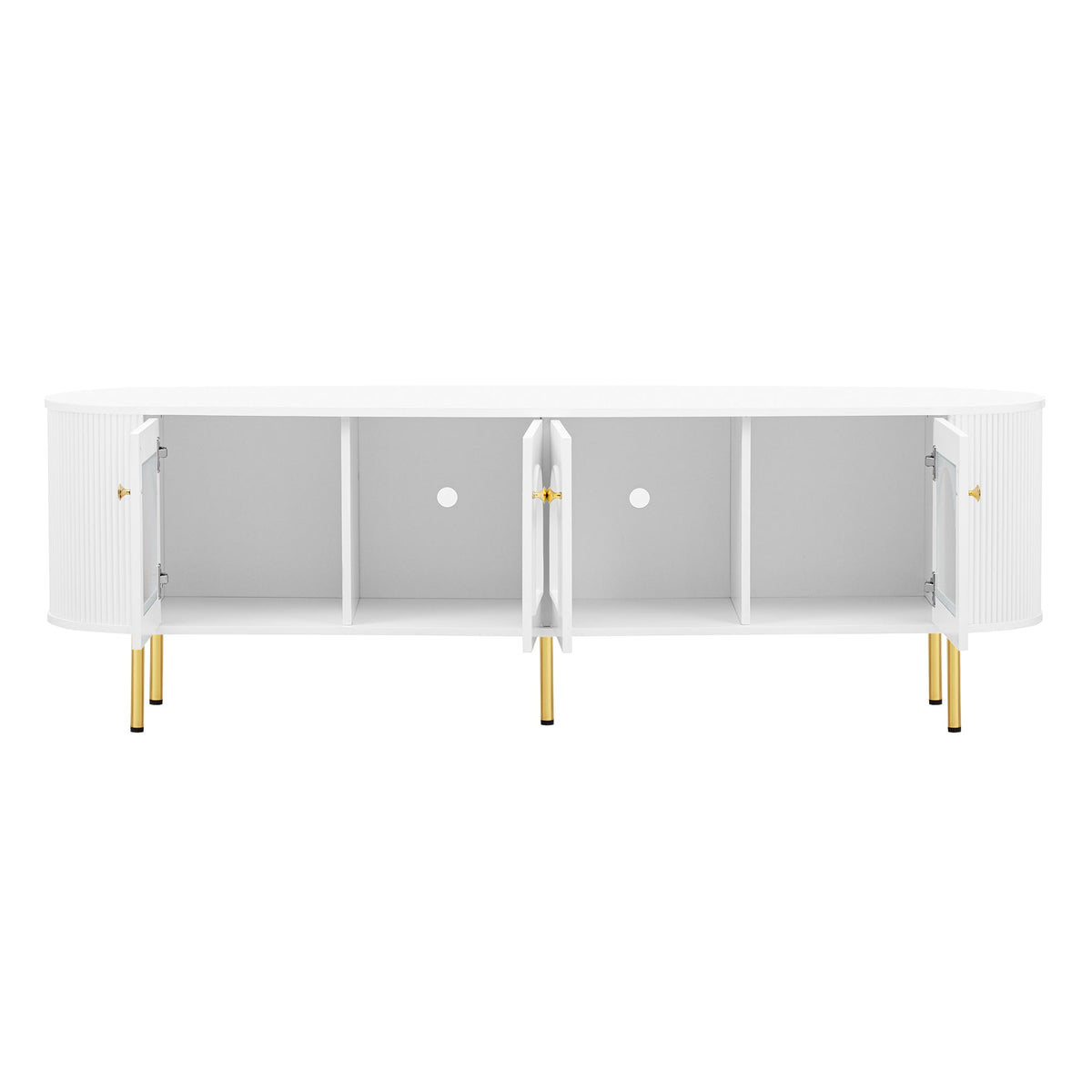 U-Can Modern TV Stand for TVs up to 80 Inches, Entertainment Center with 4 Cabinets, Wood with Metal Legs and Handles White