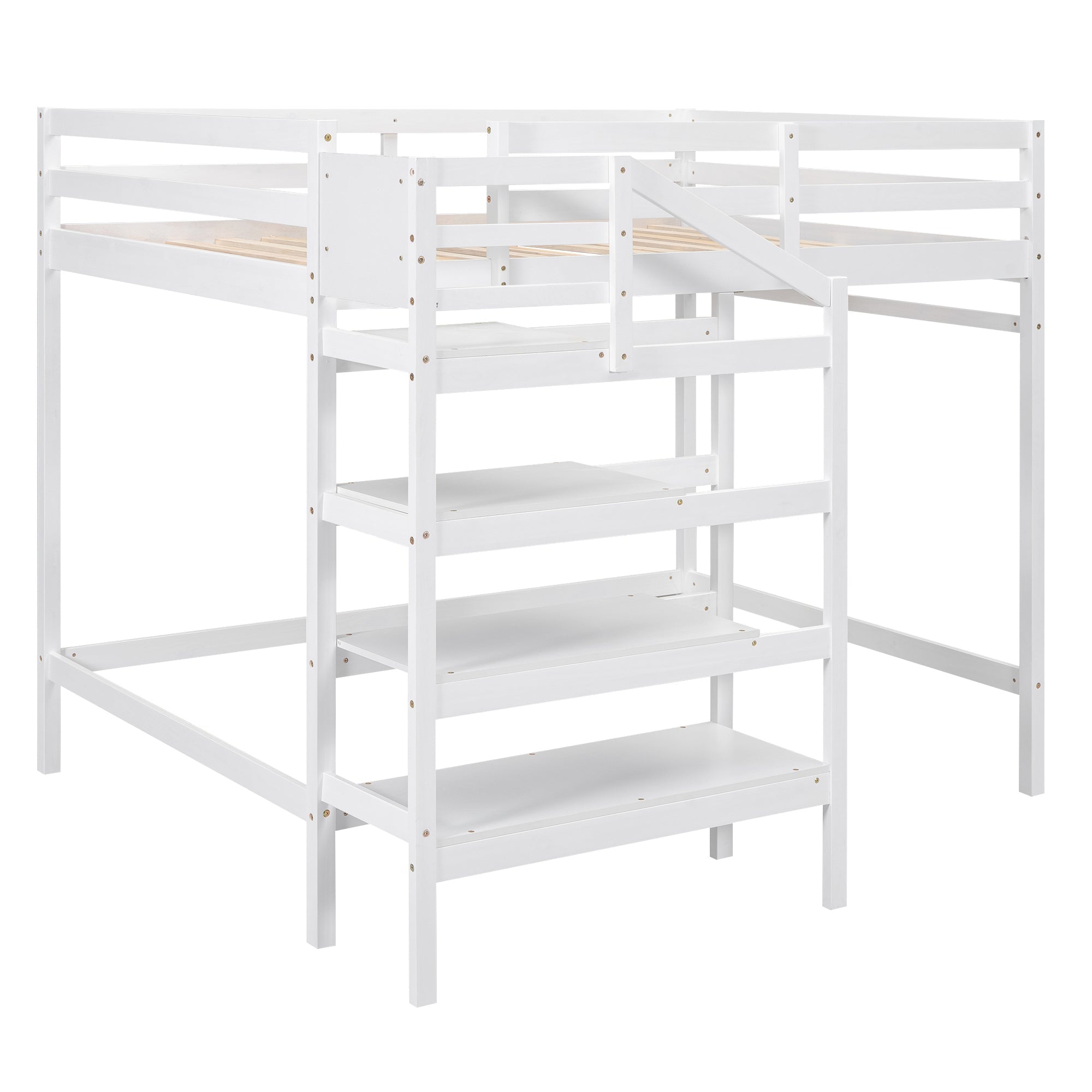 Full Size Loft Bed with Built-in Storage Staircase and Hanger for Clothes  White