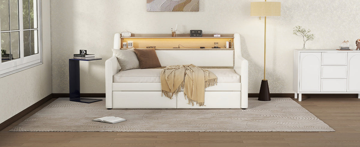 Twin Size Daybed with Drawers, Upholstered Daybed with Charging Station and LED Lights, White