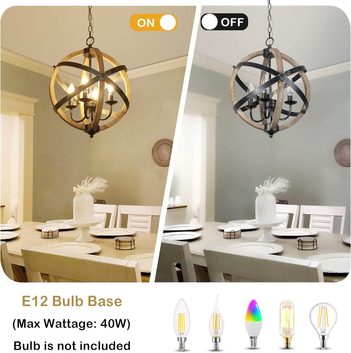 Farmhouse Chandelier Light Fixtures 4-Light Dining Room Light Fixtures Height Adjustable Rustic Wood Light