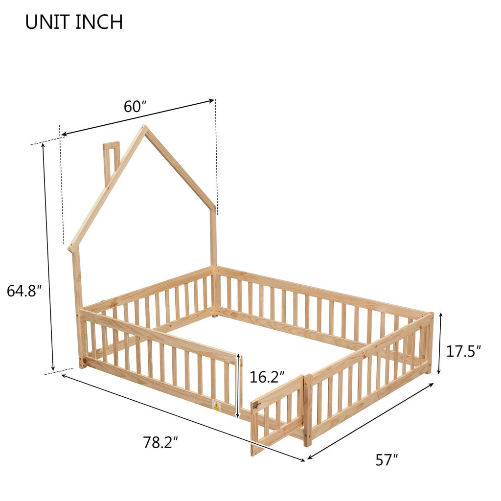 Full House-Shaped Headboard Floor Bed with Fence Natural