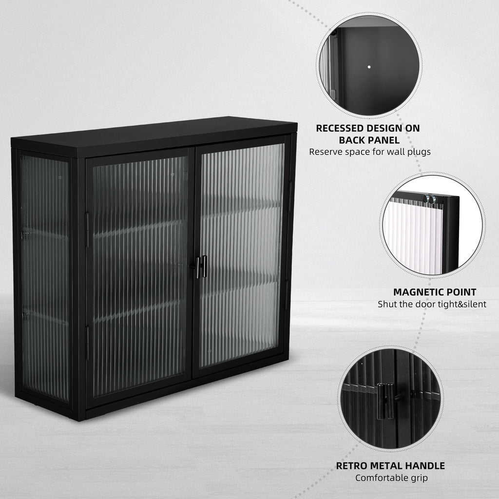 Retro Style Haze Double Glass Door Wall Cabinet With Detachable Shelves for Office Dining Room Living Room