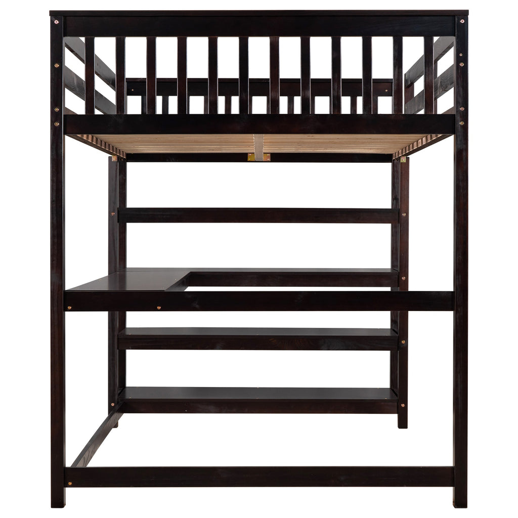 Full Size Loft Bed with Storage Shelves and Under-bed Desk  Espresso