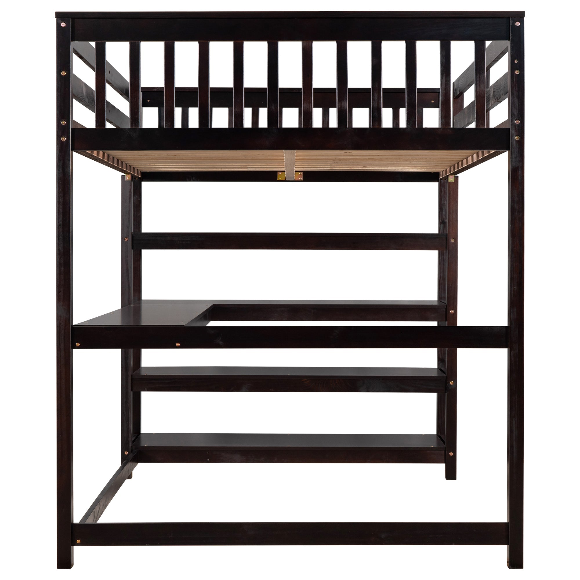 Full Size Loft Bed with Storage Shelves and Under-bed Desk  Espresso