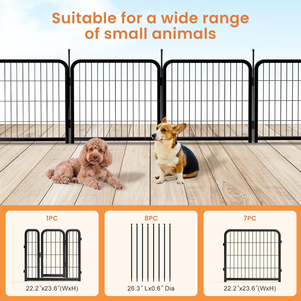 Outdoor 12 piece dog fence, 24 inch portable indoor game fence for small dog pets. Black, 22.2 inches wide x 23.6 inches high.