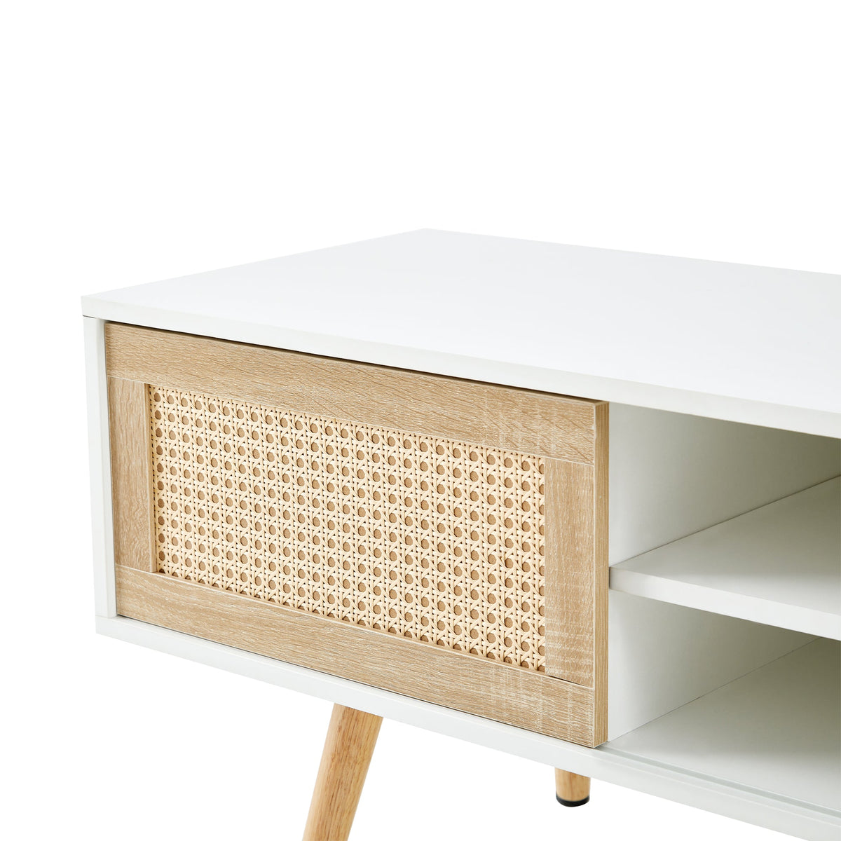 55.12" Rattan TV cabinet double sliding doors for storage adjustable shelf solid wood legs TV console for living room  White