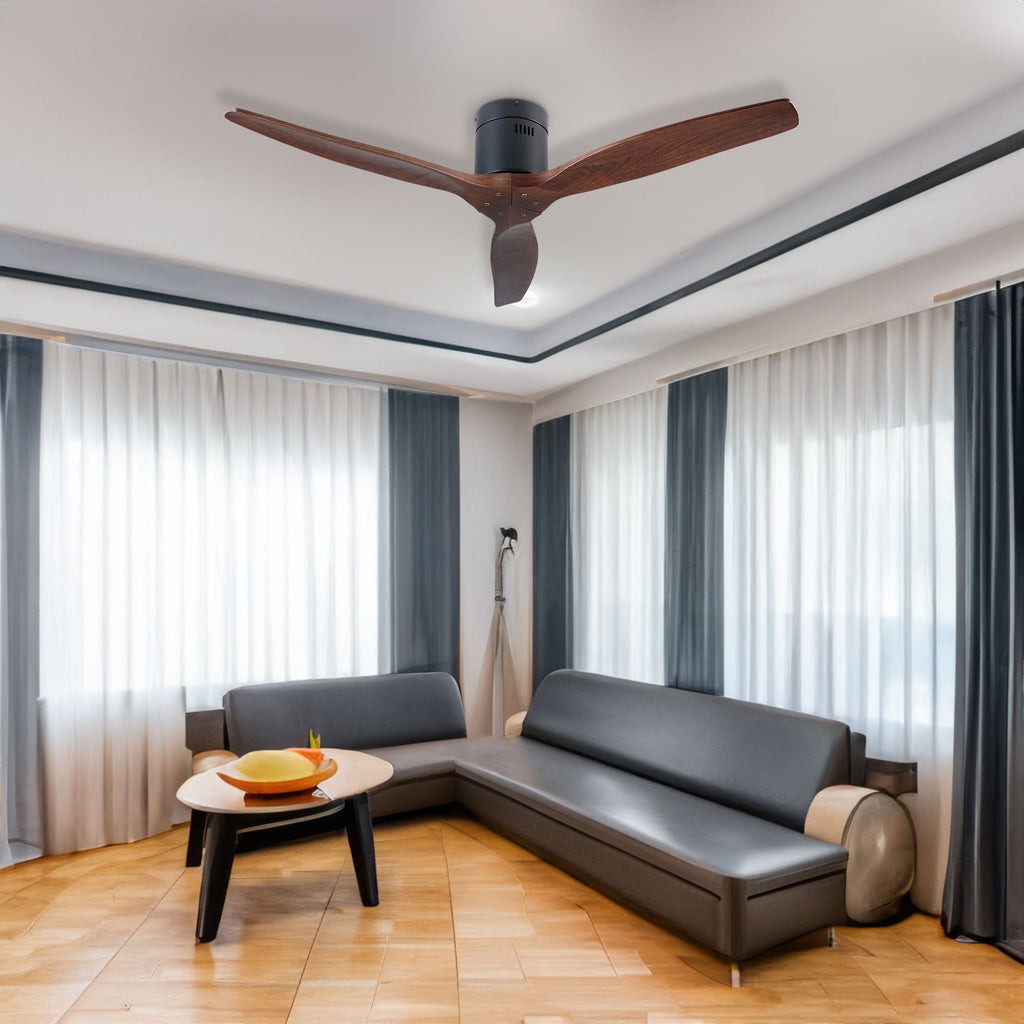 52" YUHAO Farmhouse Rustic Ceiling Fan without Light - Matte Black with Solid Wood Blade