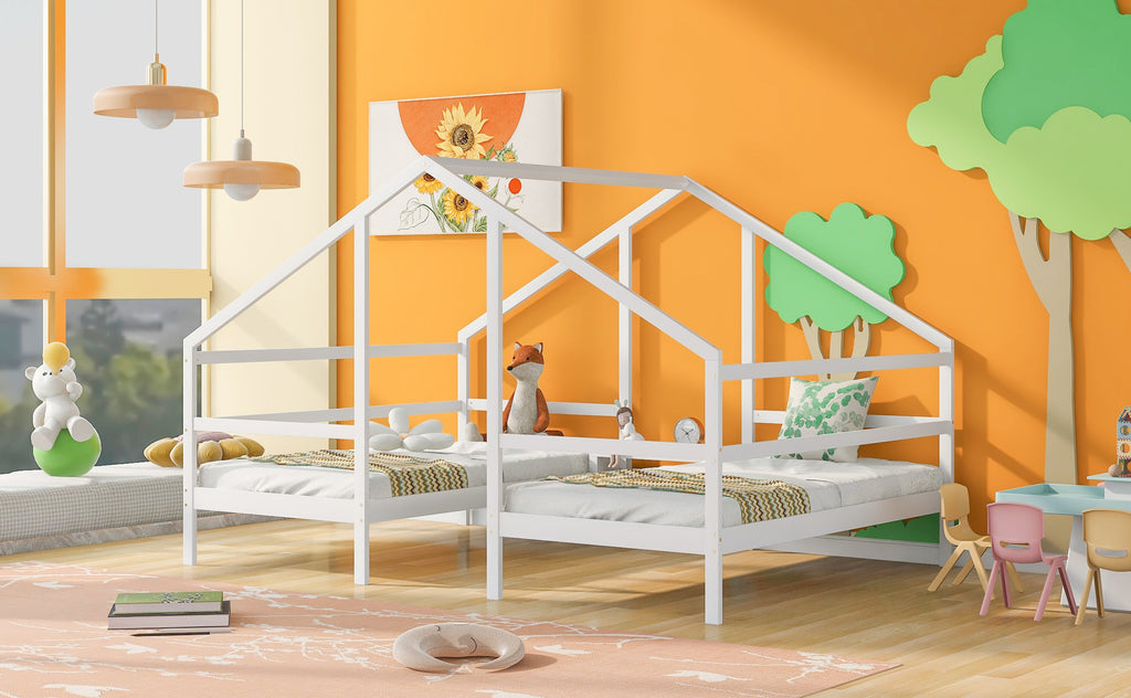 Double Twin Size Triangular House Beds with Built-in Table White
