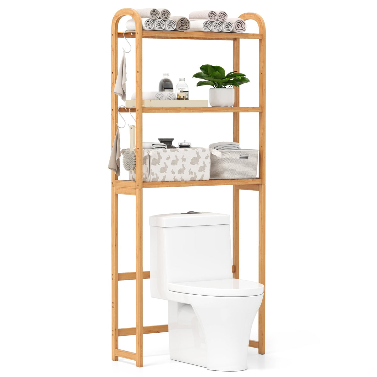3-Tier Bamboo Bathroom Floor Organizer with 5-Position Shelves and 3 Hooks-Natural