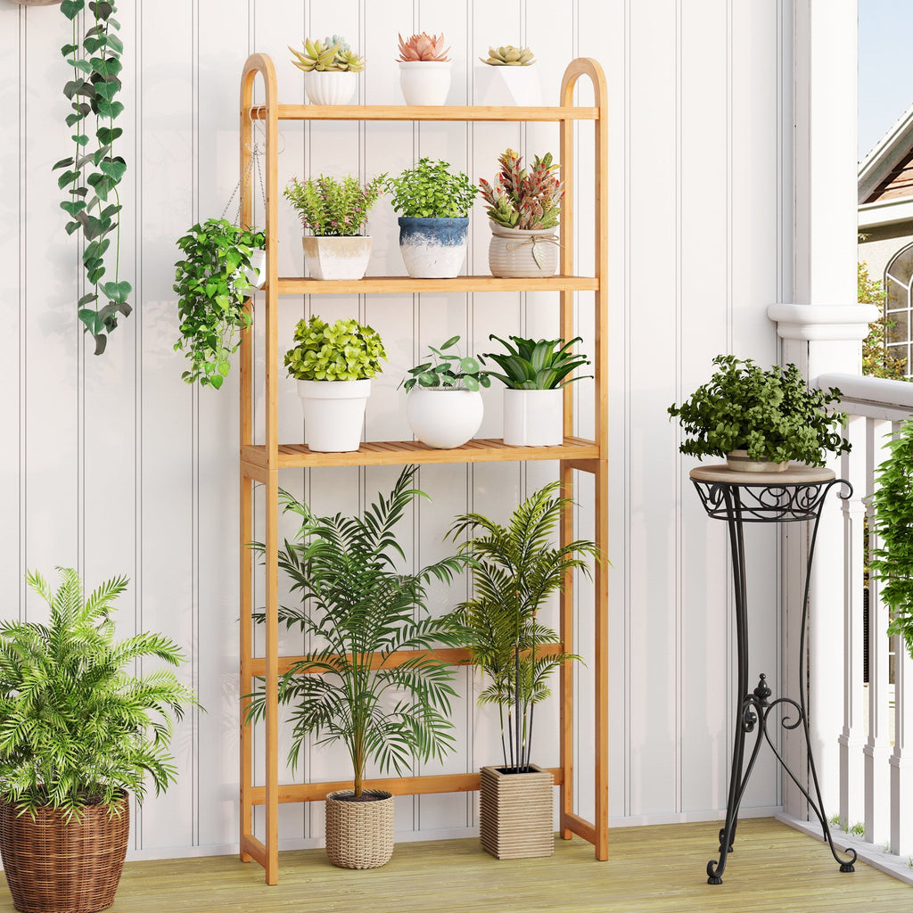 3-Tier Bamboo Bathroom Floor Organizer with 5-Position Shelves and 3 Hooks-Natural