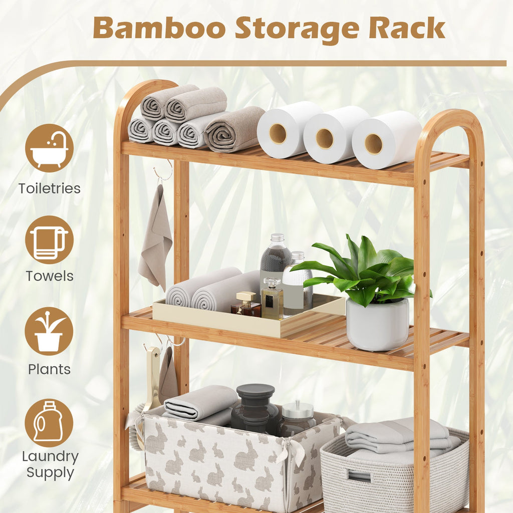 3-Tier Bamboo Bathroom Floor Organizer with 5-Position Shelves and 3 Hooks-Natural