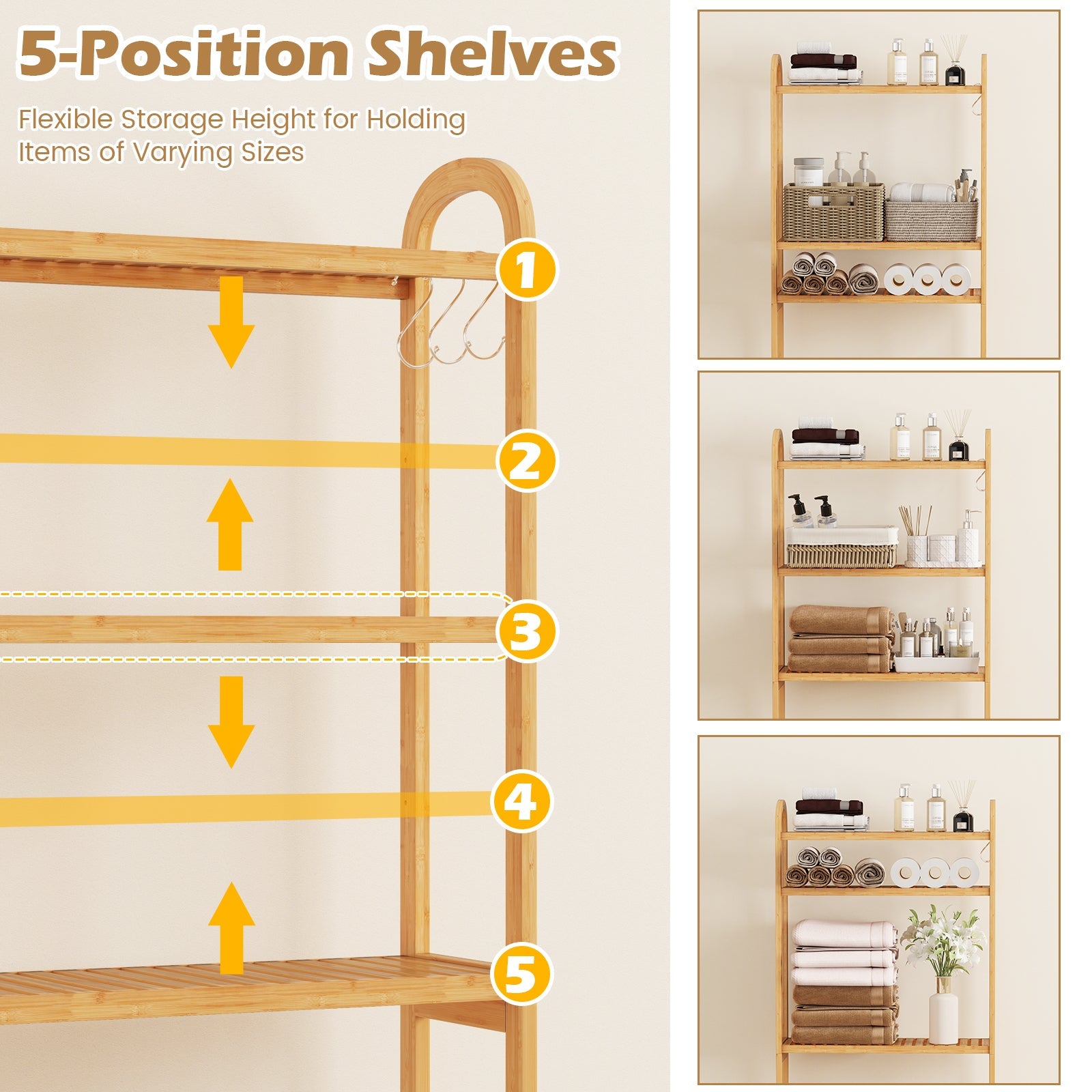 3-Tier Bamboo Bathroom Floor Organizer with 5-Position Shelves and 3 Hooks-Natural