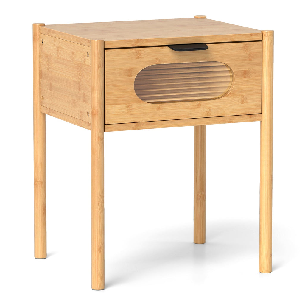 Bamboo Nightstand Square Tall End Table with Decorated Drawer-Natural