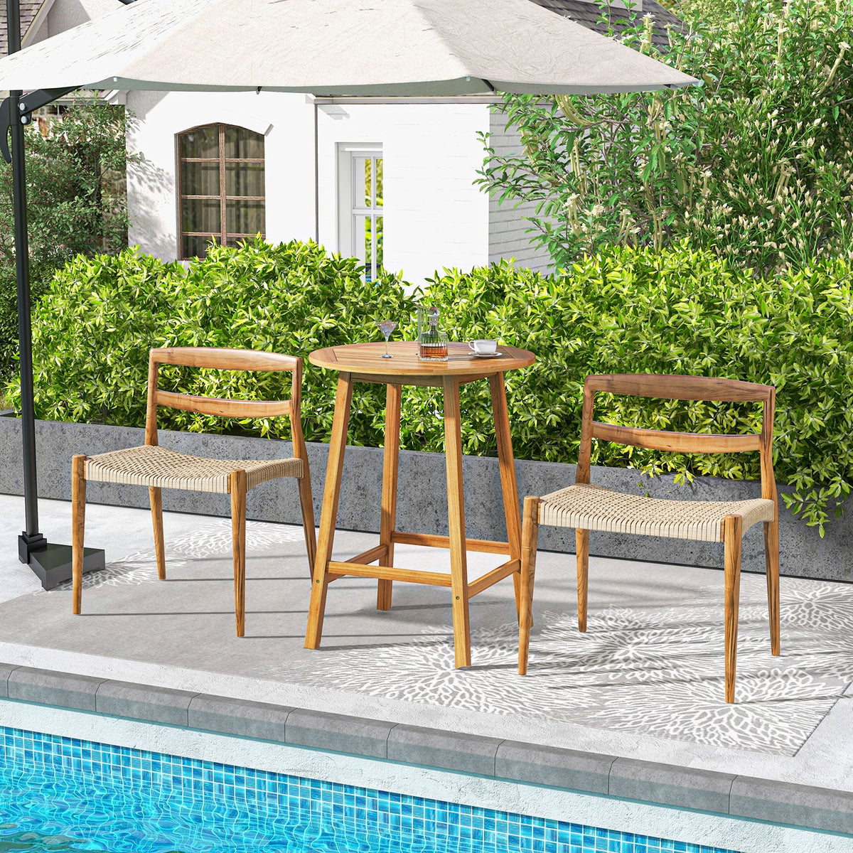 Bar Height Table with Umbrella Hole and Slatted Tabletop for Outdoors