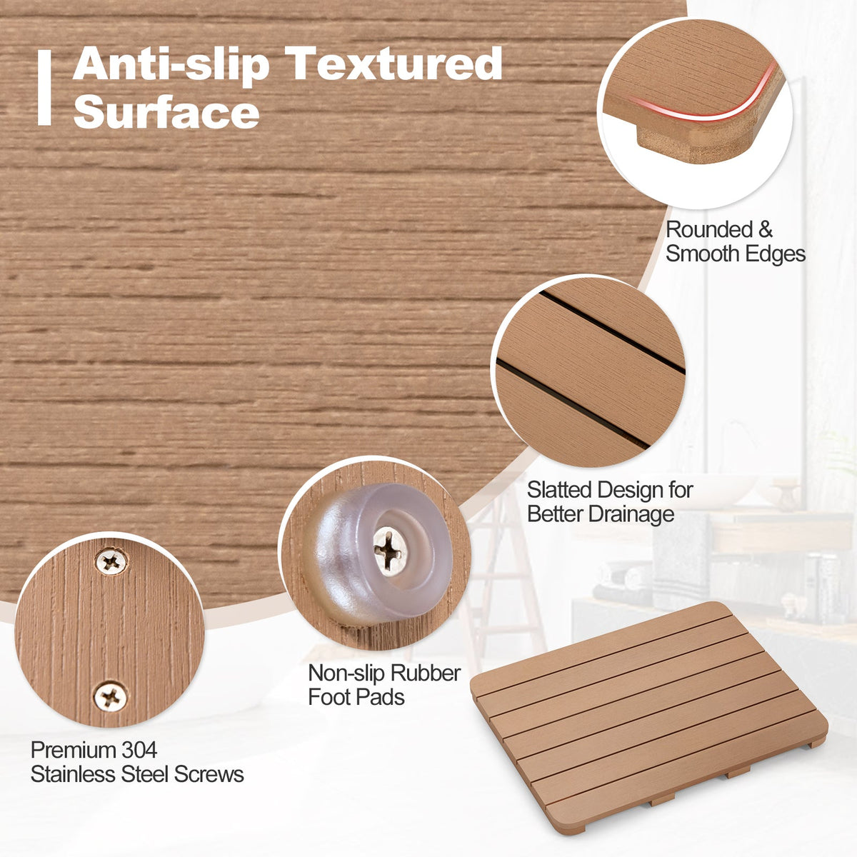 Waterproof HIPS Bath Spa Shower Mat with Non Slip Foot Pads
