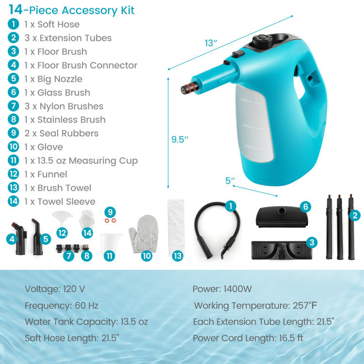 1400W Handheld Steam Cleaner with 14-Piece Accessory Kit and Child Lock