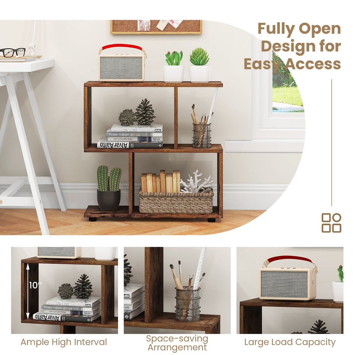 24 Inch 3-Tier Geometric Bookshelf with Thick Foot Pads