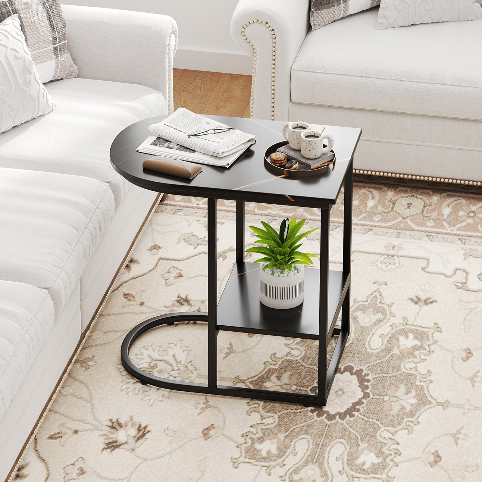 C-shaped Modern Sofa Side Table with Faux Marble Tabletop and Storage Shelf
