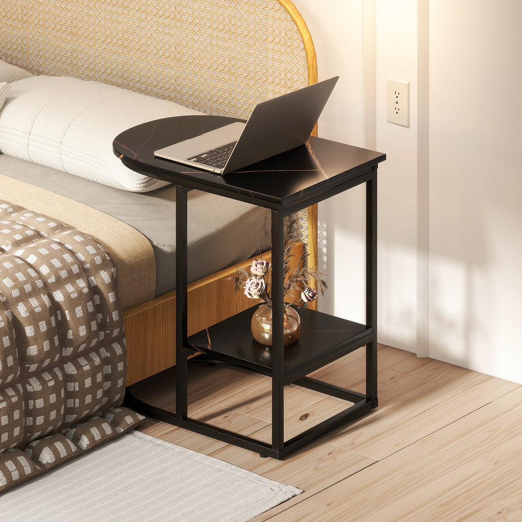C-shaped Modern Sofa Side Table with Faux Marble Tabletop and Storage Shelf