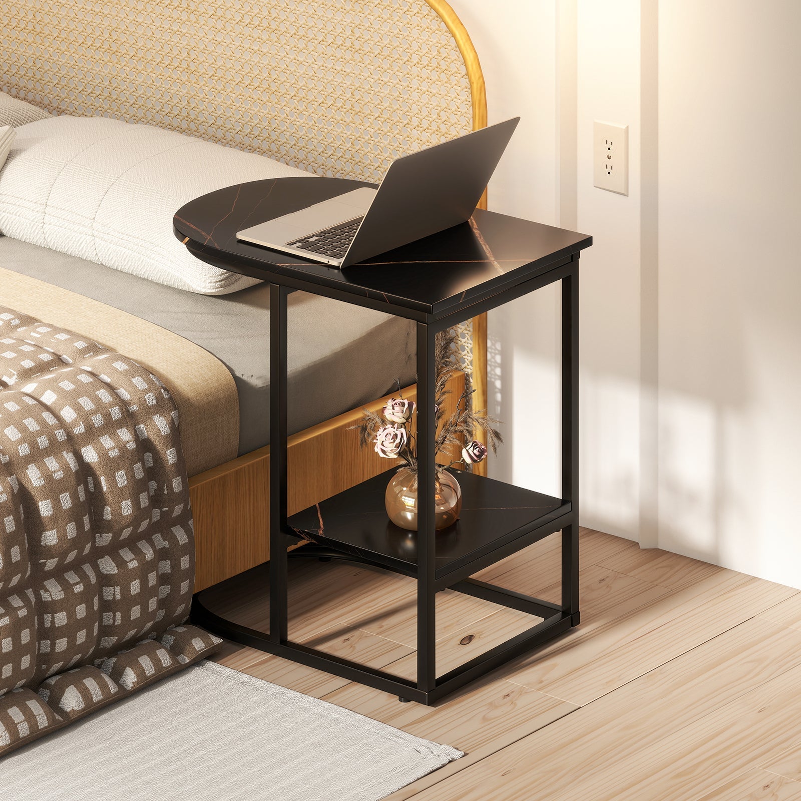 C-shaped Modern Sofa Side Table with Faux Marble Tabletop and Storage Shelf