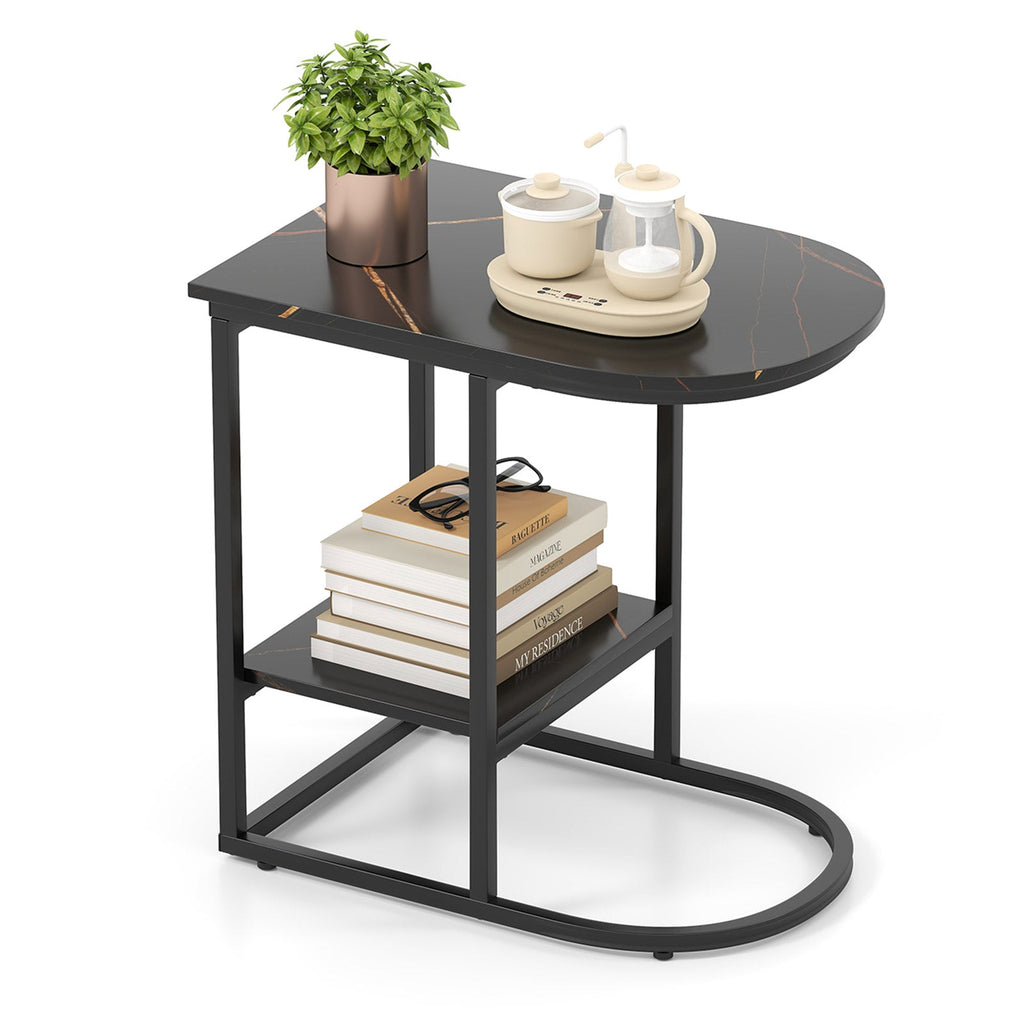 C-shaped Modern Sofa Side Table with Faux Marble Tabletop and Storage Shelf