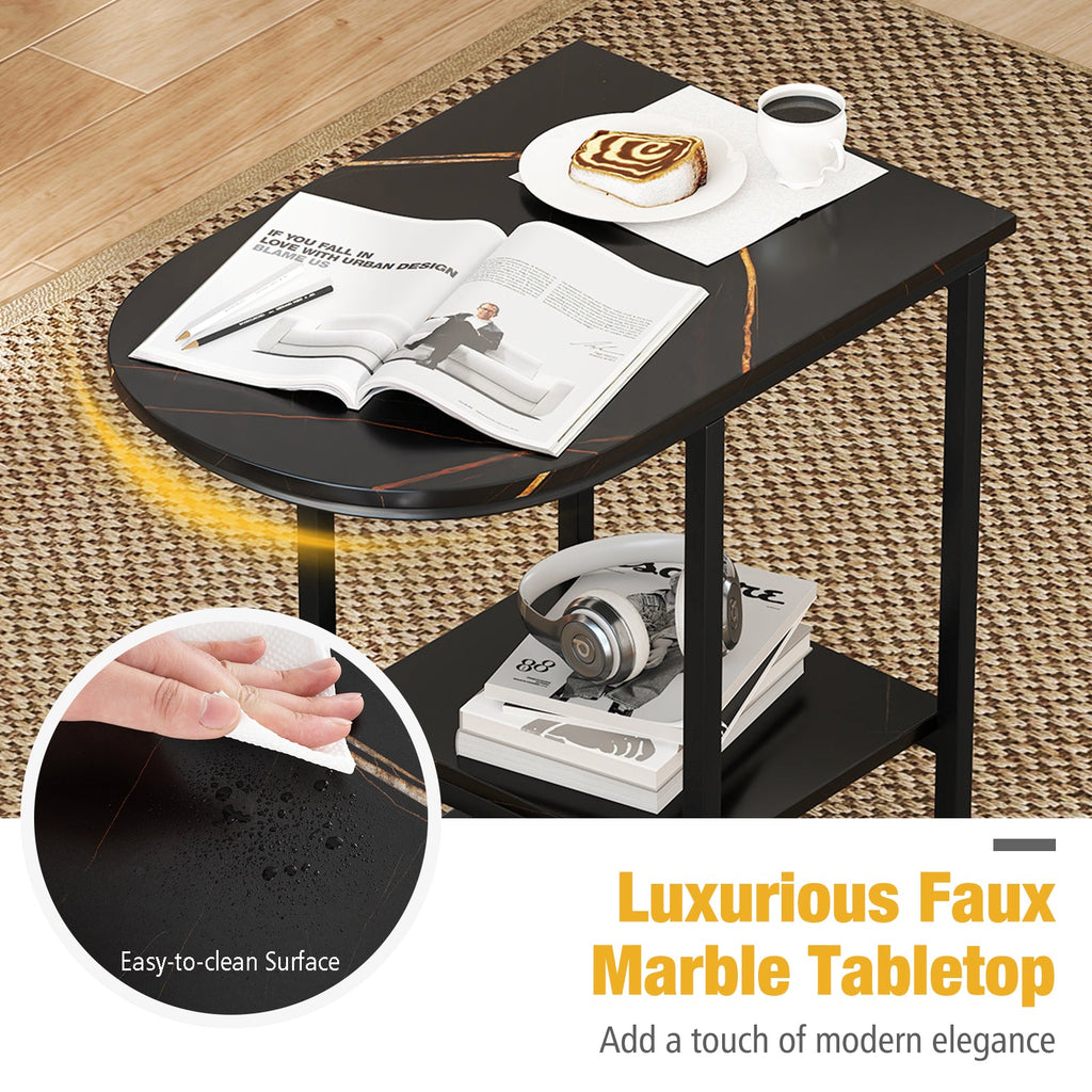 C-shaped Modern Sofa Side Table with Faux Marble Tabletop and Storage Shelf