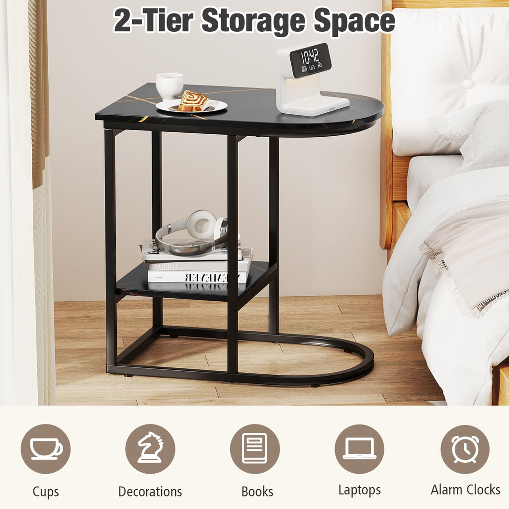 C-shaped Modern Sofa Side Table with Faux Marble Tabletop and Storage Shelf