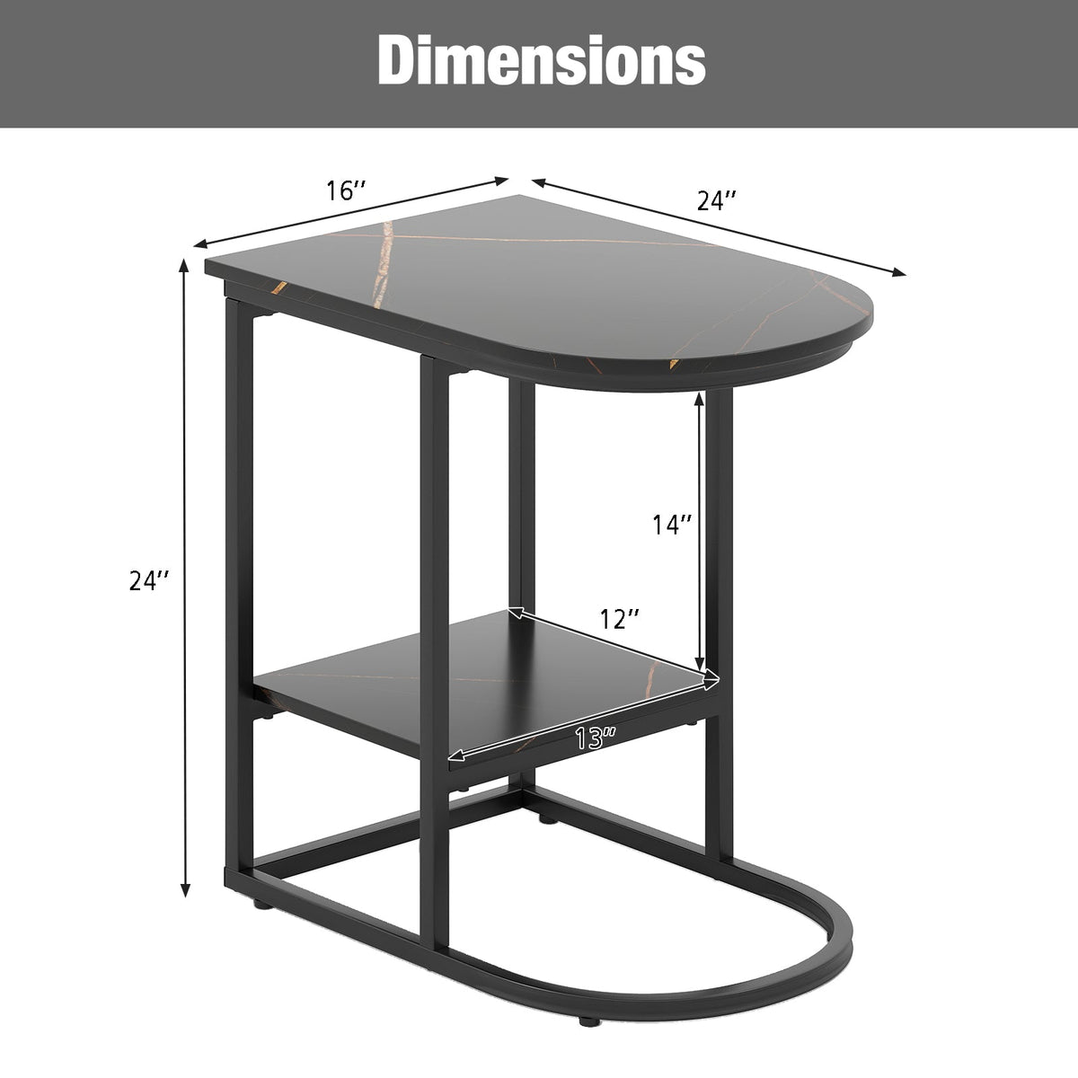 C-shaped Modern Sofa Side Table with Faux Marble Tabletop and Storage Shelf