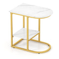 C-shaped Modern Sofa Side Table with Faux Marble Tabletop and Storage Shelf