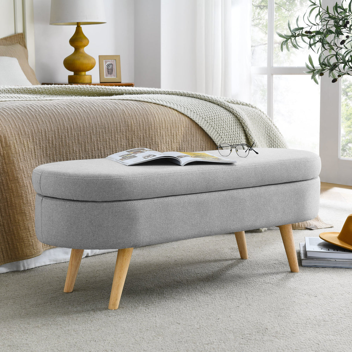 Ottoman Oval Storage Bench Rubber Wood Legs Grey(43.5"x16"x16")