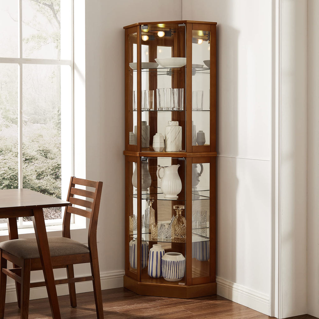 6 shelves corner Curio display cabinet with light mirror and adjustable shelves, walnut wood (excluding E26 light bulbs)