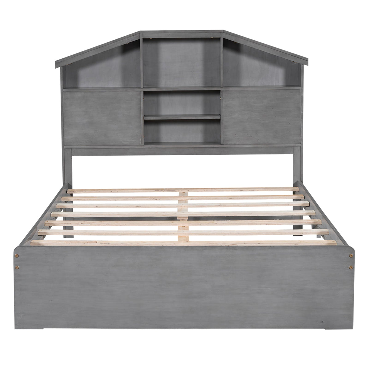 Full Size Wood Platform Bed with House-shaped Storage Headboard and 2 Drawers Gray