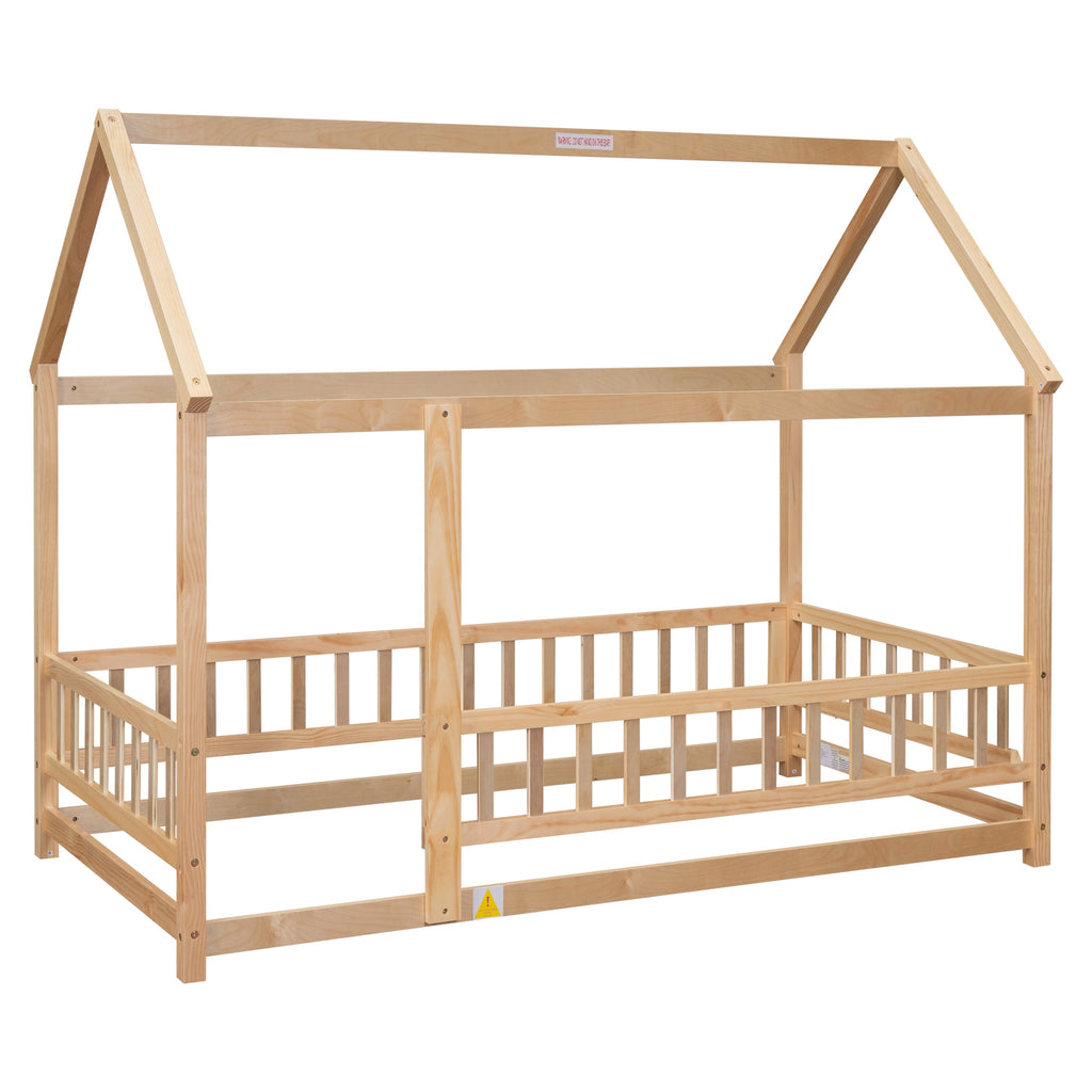 Twin Size Floor Wooden Bed with House Roof Frame, Fence Guardrails