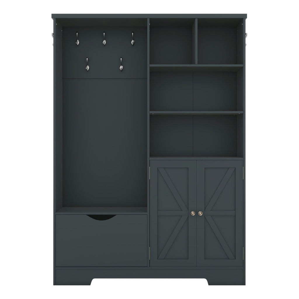 Multi-functional Hall Tree with Storage Shelves Drawers and Cabinet, Elegant Hallway Shoe Cabinet with Bench Antique Blue