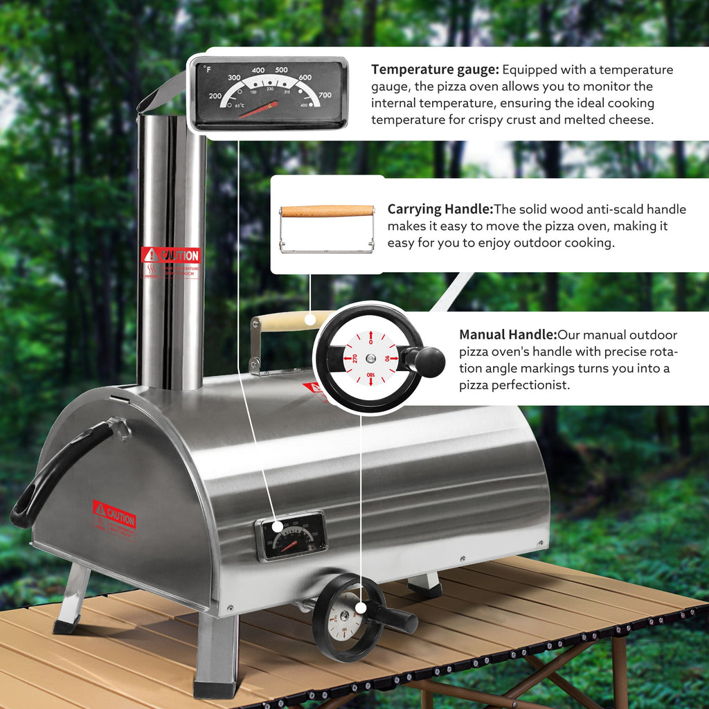 Silver Pizza Oven Outdoor 12" Semi-Automatic Rotatable Pizza Ovens Portable Stainless Steel