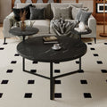 Modern coffee table with two display shelves, Black Faux marble surfaces, Tripod-inspired base,Rounded tabletop edges