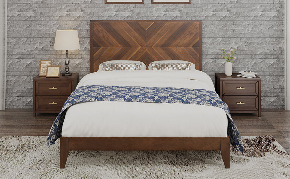 Mid-Century Modern Platform Bed Wood Slat Support with No Box Spring Needed,Queen, Walnut