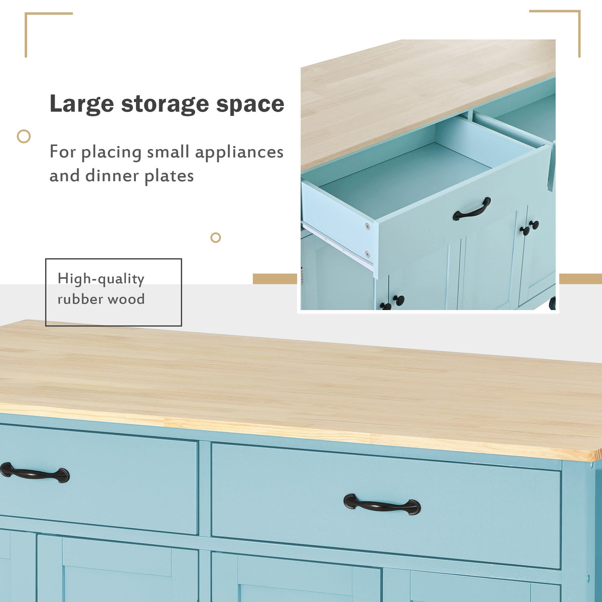 Kitchen Island Cart with 4 Door Cabinet and Two Drawers and 2 Locking Wheels - Solid Wood Top (Mint Green)