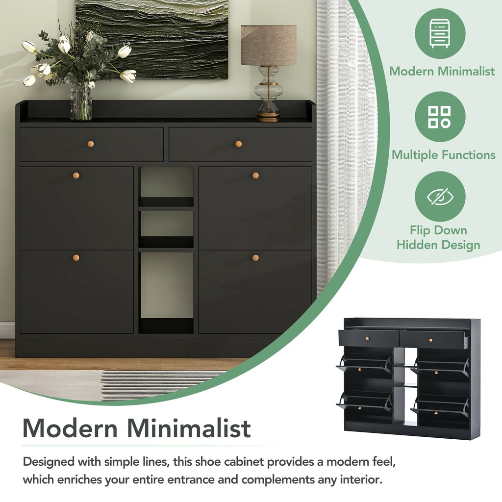 ONTREND modern shoe cabinet with 4 flipped drawers, multifunctional double-layer shoe storage with drawers, black.