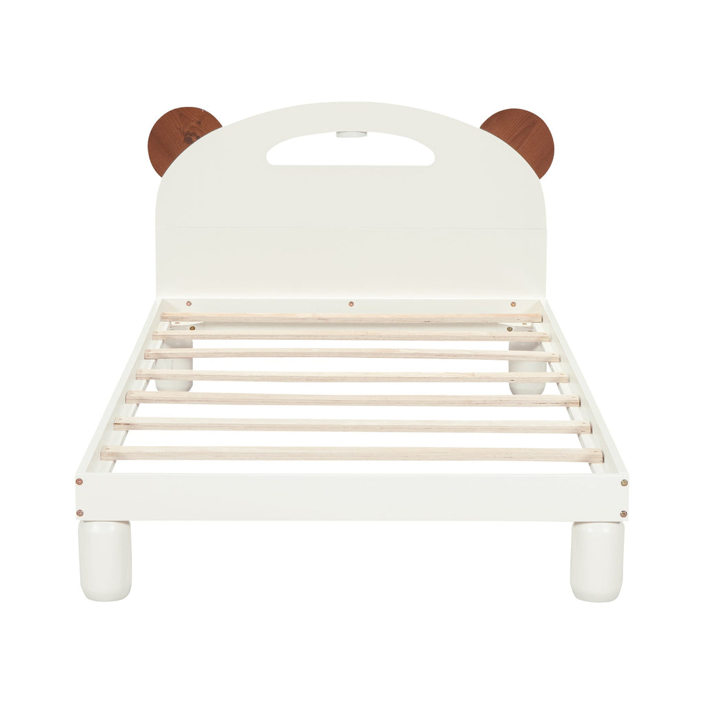 Twin Size Platform Bed with Bear Ears Shaped Headboard and LED Cream White