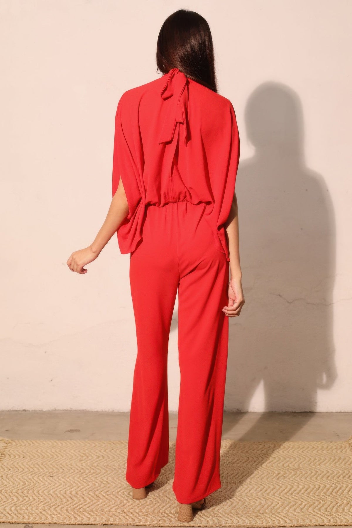 Textured Solid Mock Neck Caftan Jumpsuit