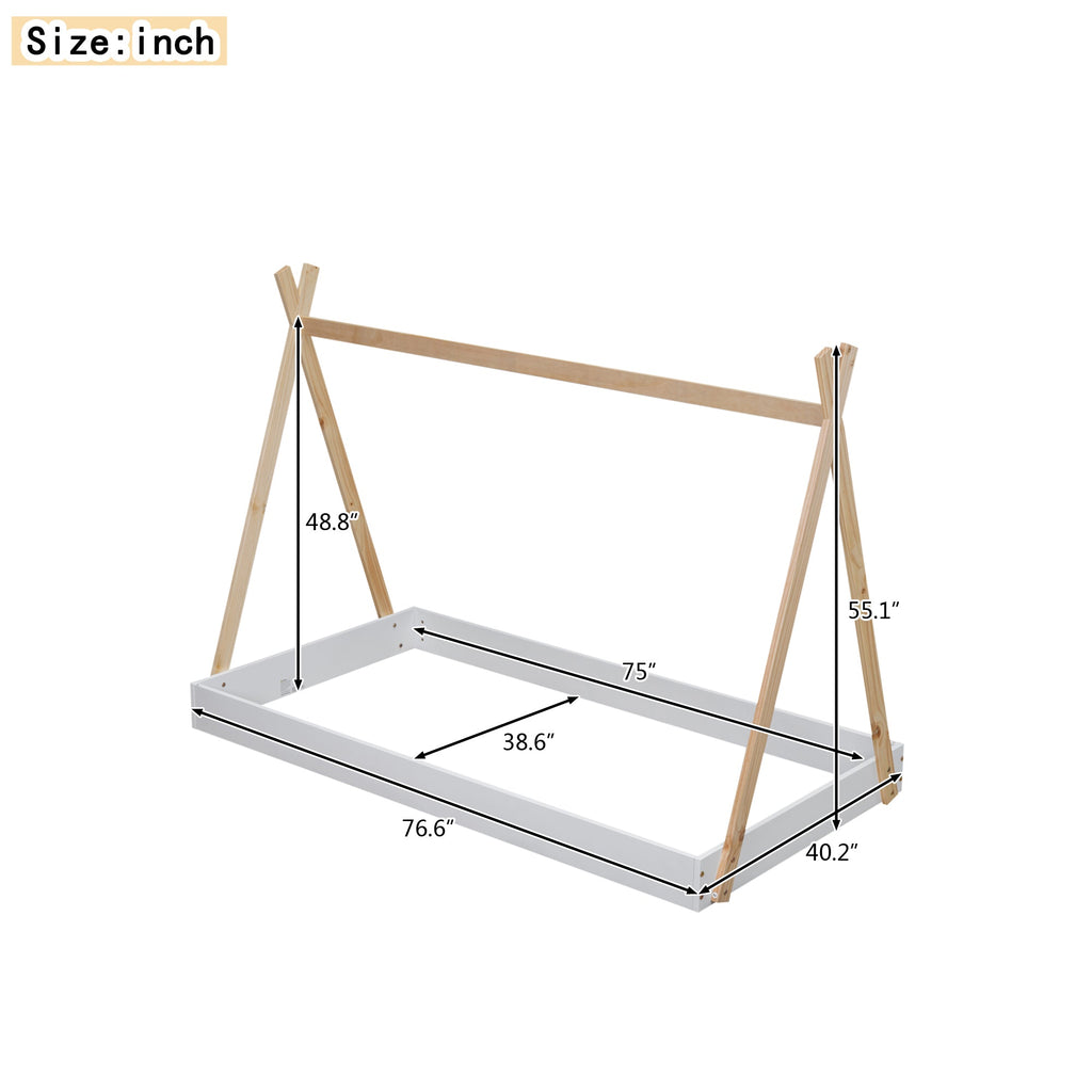 Twin Size Tent Floor Bed with Triangle Structure  White+Natural